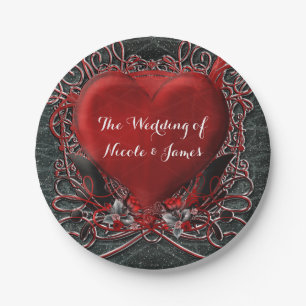 Red Heart & Roses Gothic Valentine Wedding Party Paper Plates