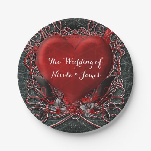 Red Heart  Roses Gothic Valentine Wedding Party Paper Plates