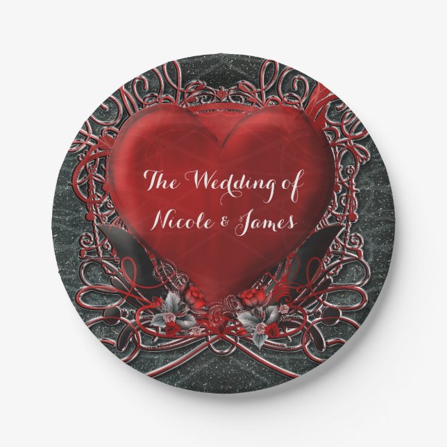 Red Heart & Roses Gothic Valentine Wedding Party Paper Plates (Front)