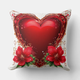 Red Heart Roses Romantic Floral Love Throw Pillow