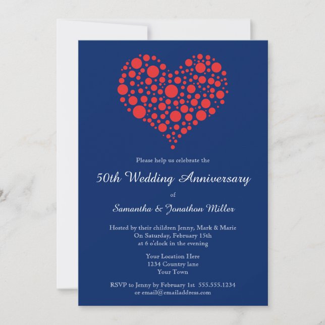 Red Heart Royal Blue Wedding Anniversary Invite (Front)