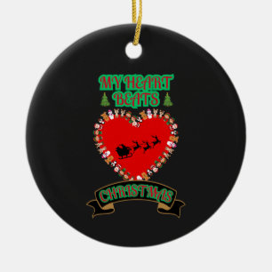 Red Heart Santa Sleigh Reindeer Christmas Holiday  Ceramic Ornament