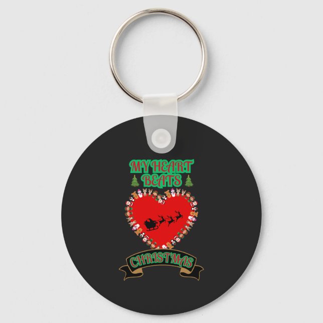 Red Heart Santa Sleigh Reindeer Christmas Holiday  Keychain (Front)