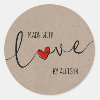 Red Heart Script Hand Lettered Made With Love Classic Round Sticker