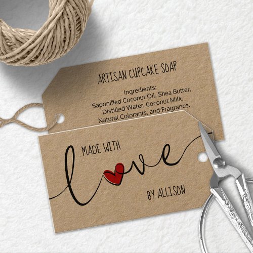 Red Heart Script Typography Made With Love Kraft Gift Tags