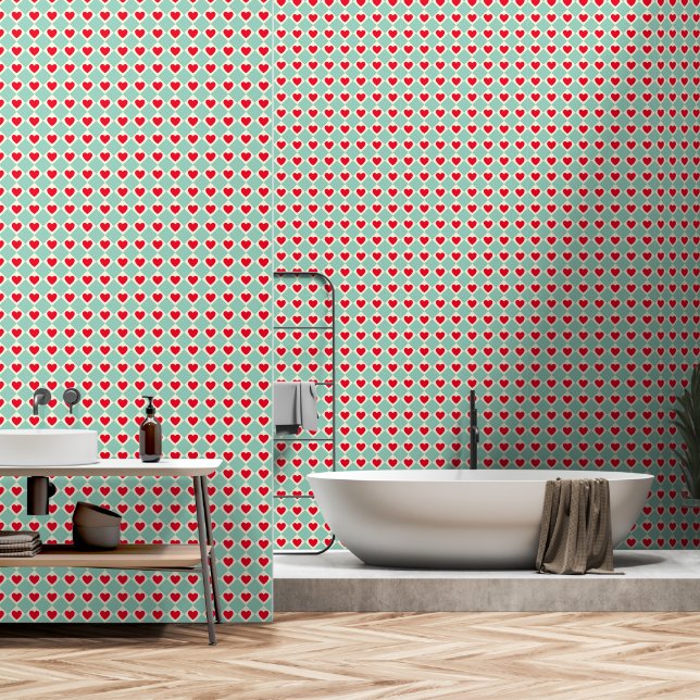 Red Heart Seafoam Green Wallpaper (Bathroom)