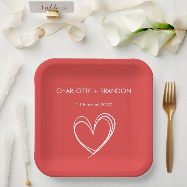 Red Heart Shape Personalize Couple Name and Date   Paper Plates (Wedding)