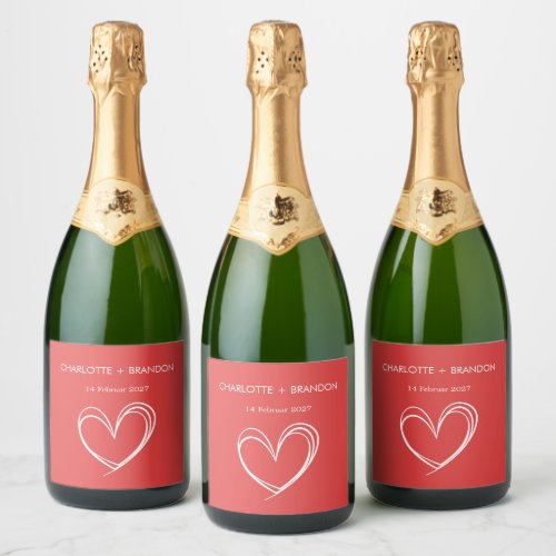 Red Heart Shape Personalize Couple Name and Date  Sparkling Wine Label