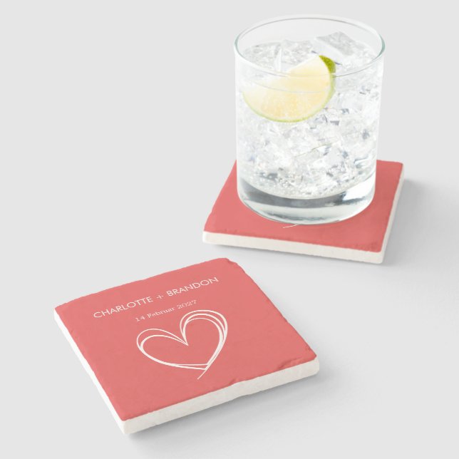 Red Heart Shape Personalize Couple Name and Date   Stone Coaster (Side)