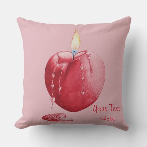 red heart shaped candle on pink background  throw pillow