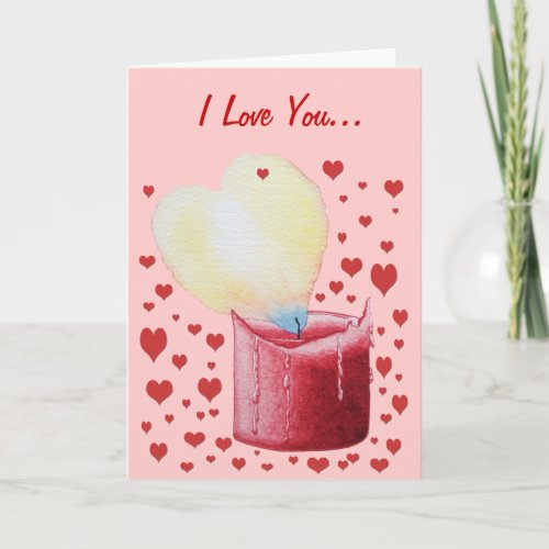 red heart shaped flame candle romantic card