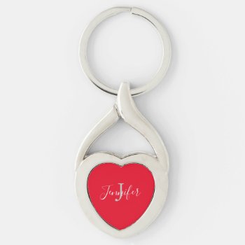 Red Heart Shaped Script Personalized Monogram Keychain by JennLenayDesigns at Zazzle