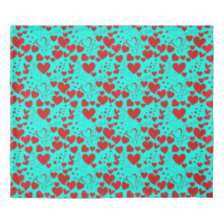 Red Heart Shapes Pattern in Vivid Turquoise Duvet Cover