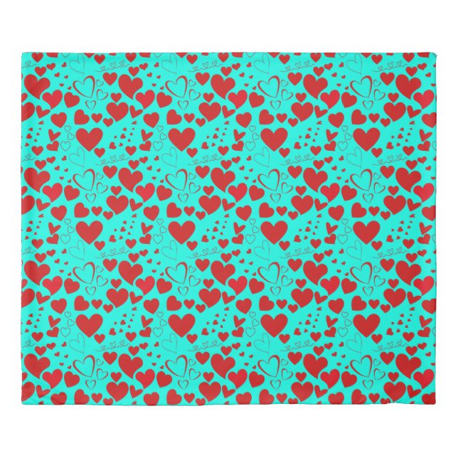 Red Heart Shapes Pattern in Vivid Turquoise Duvet Cover (Front)