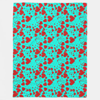 Red Heart Shapes Pattern in Vivid Turquoise Fleece Blanket