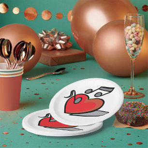 Red Heart Singing Music Notes Paper Plates