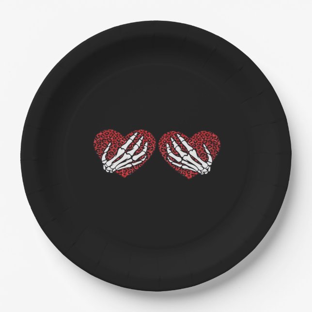 Red Heart Skeleton Hands Classic Design Paper Plates (Front)