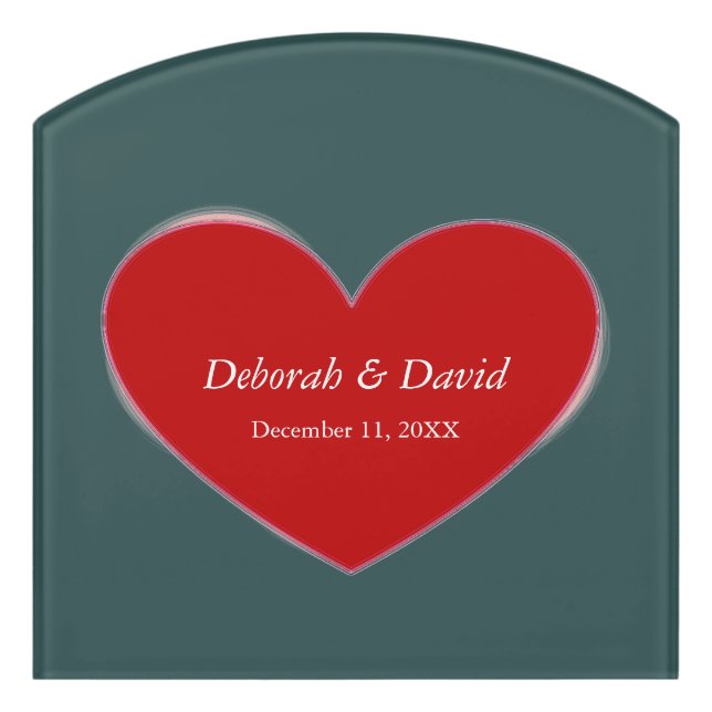 Red Heart Slate Gray Script Wedding Door Sign (Contour Front)