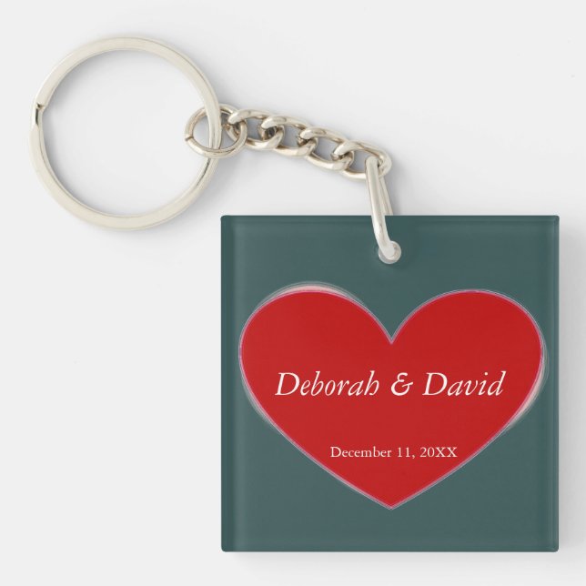 Red Heart Slate Gray Script Wedding Keychain (Front)