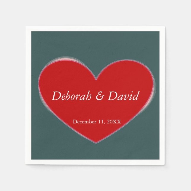 Red Heart Slate Gray Script Wedding Napkins (Front)