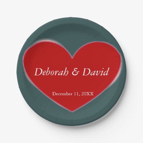 Red Heart Slate Gray Script Wedding Paper Plates