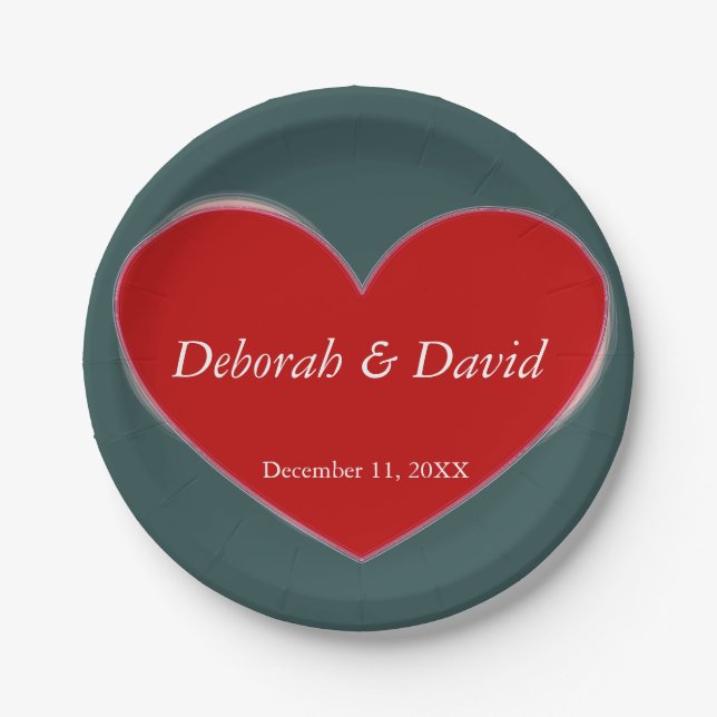Red Heart Slate Gray Script Wedding Paper Plates (Front)