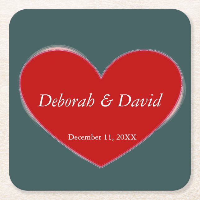 Red Heart Slate Gray Script Wedding Square Paper Coaster (Front)