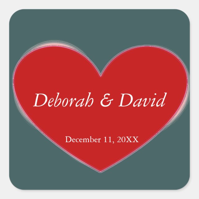 Red Heart Slate Gray Script Wedding Square Sticker (Front)