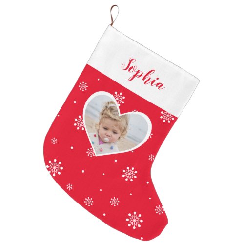 Red Heart  Snowflakes  Christmas Custom Photo Large Christmas Stocking