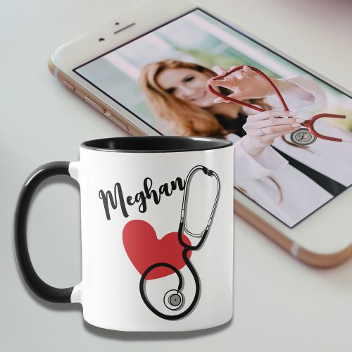 Red Heart Stethoscope Name Nurse Doctor Coffee  Mug