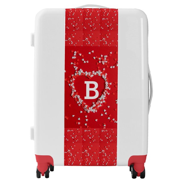 Red Heart Suitcases (A stylish white suitcase adorned with a bold red heart design, and the letter B template.)
