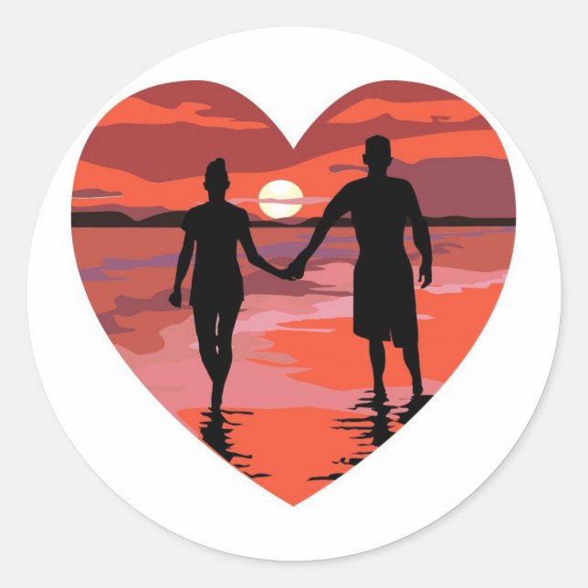 Red Heart Sunset Beach Holding Hands Classic Round Sticker (Front)