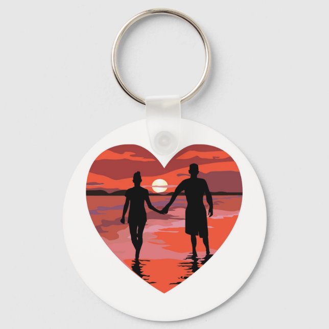 Red Heart Sunset Beach Holding Hands Keychain (Front)