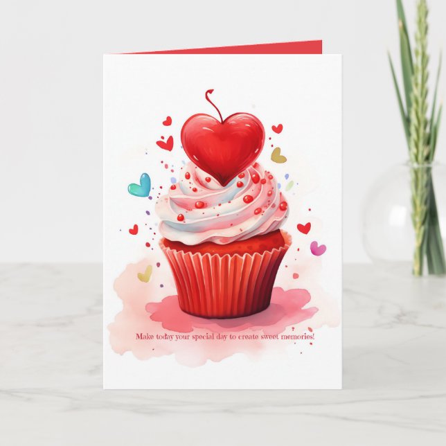 Red Heart Sweet Cupcake Valentine's Day Card (Front)