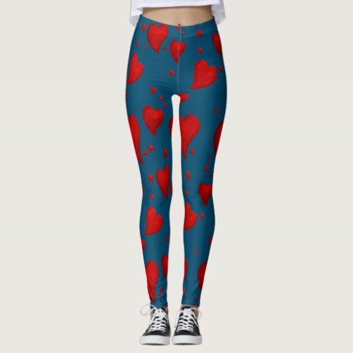 Red Heart  T_Shirt Valentines day Blue  Leggings
