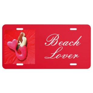Red heart-tail  mermaids beach lover license plate