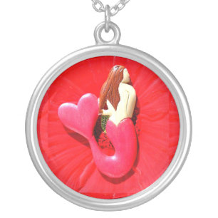 red heart-tailed mermaid silver plated necklace