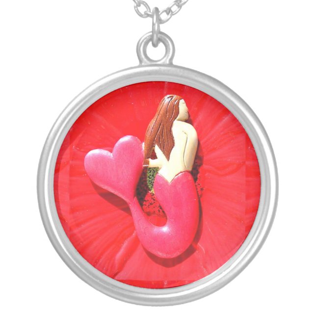 red heart-tailed mermaid silver plated necklace (Front)