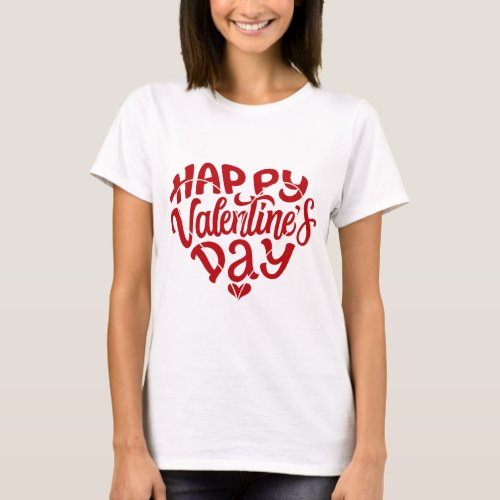Red Heart Text Happy Valentines Day white Heart T_Shirt