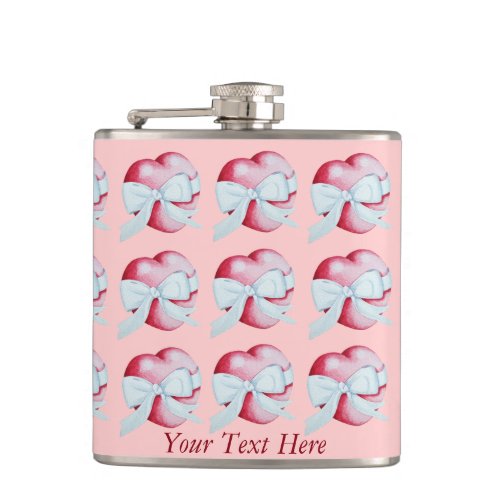 red heart tied with white ribbon bow art design hip flask