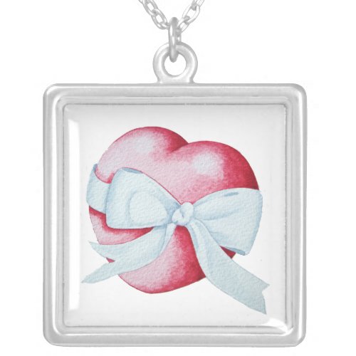 red heart tied with white ribbon bow love silver plated necklace