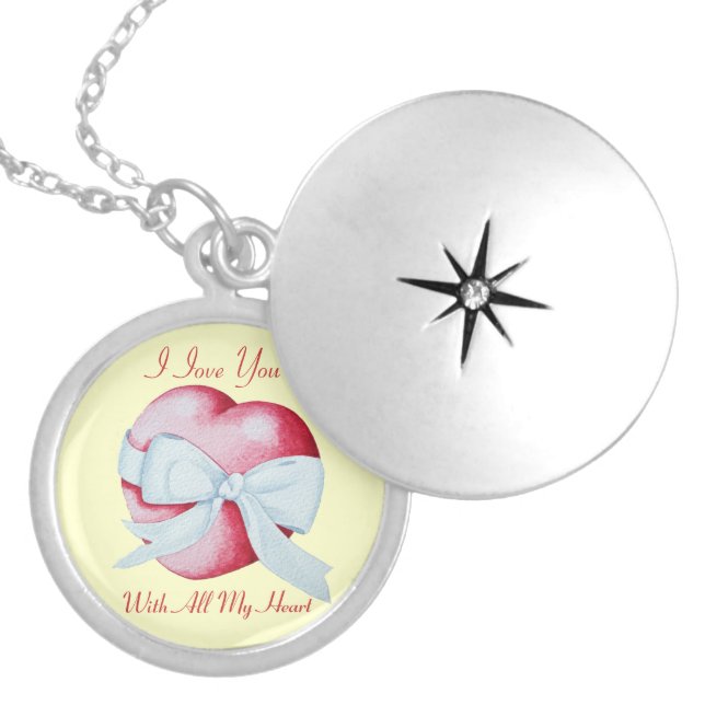 red heart tied with white ribbon bow love silver plated necklace (Front)