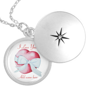 red heart tied with white ribbon bow love silver plated necklace