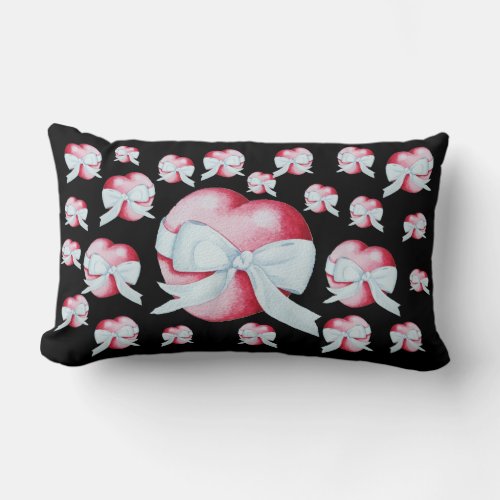 red heart tied with white ribbon bow lumbar pillow