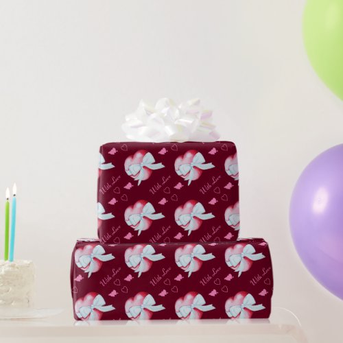 red heart tied with white ribbon bow romantic wrapping paper