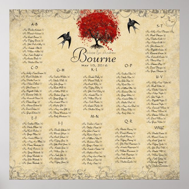 Red Heart Tree 100 150 guests alphabetical Wedding Poster (Front)