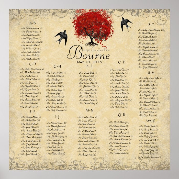 Red Heart Tree  100 to 150 guests   alphabetical Posters