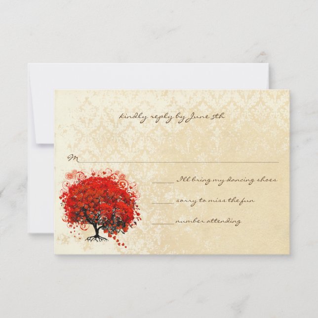 Red Heart Tree Fall Leaves Wedding Invitation (Front)