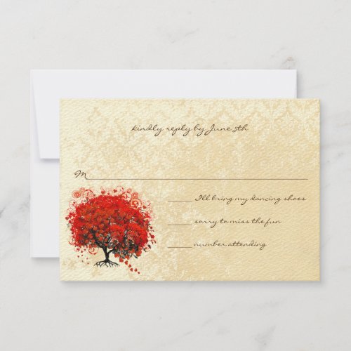 Red Heart Tree Fall Leaves Wedding Invitation