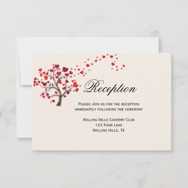 Red Heart Tree on Ivory Wedding Reception Card (Front)